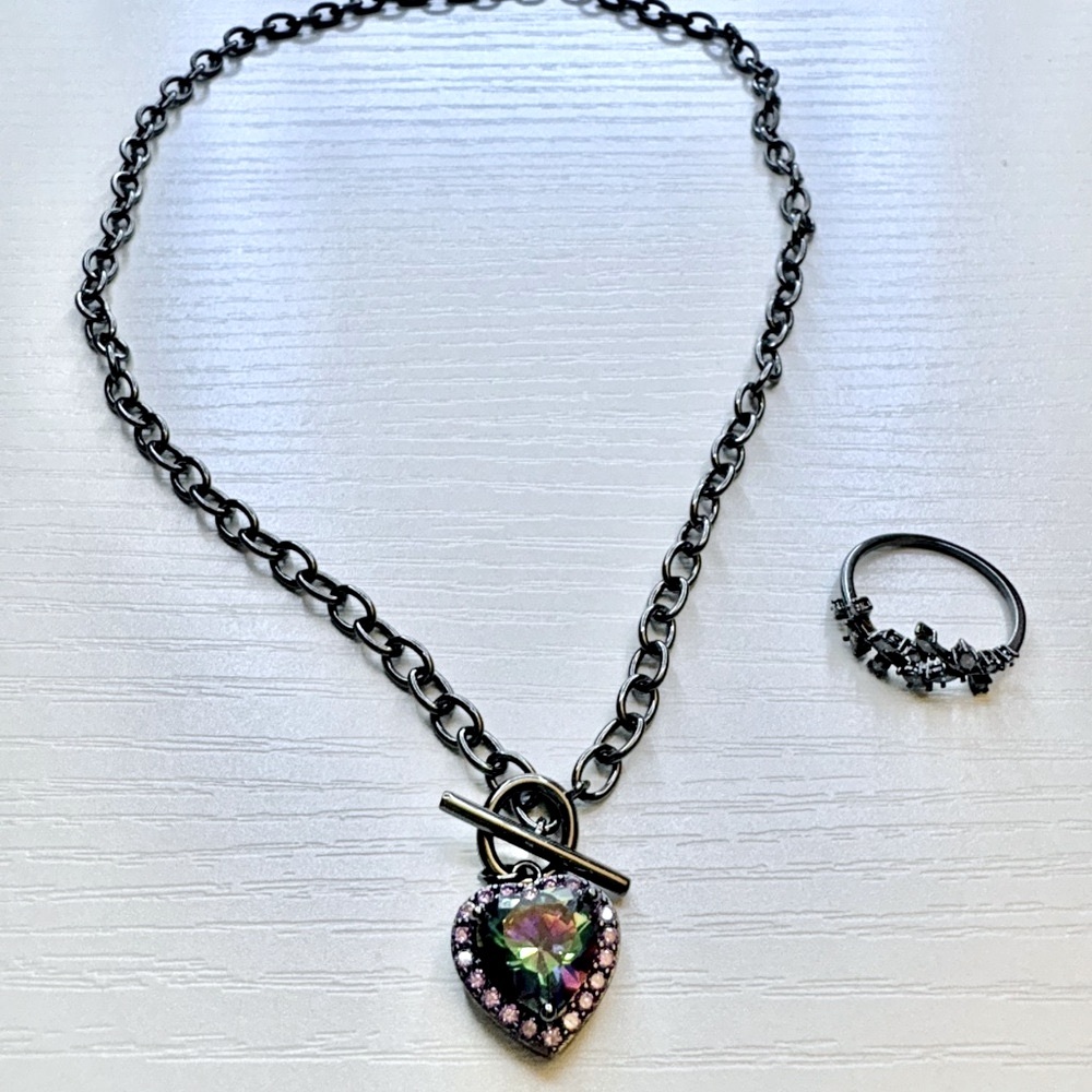 Mystic Topaz Heart Pendant Necklace and Ring Set